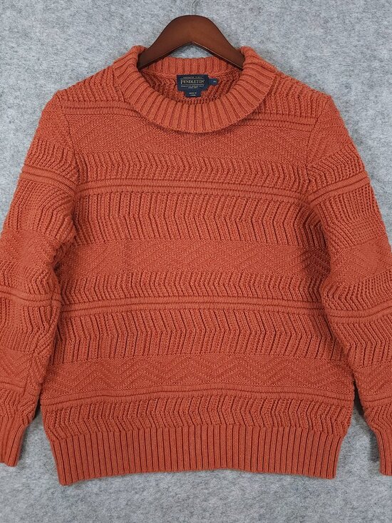 Pendleton Sweaters - Pendleton XL Chunky Knit Cotton Cashmere Sweater Orange Cabincore Chevron Fall